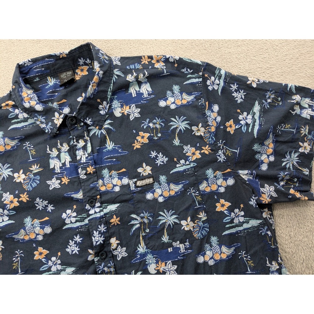 Ron Jon Surf Shop Hawaiian Shirt Blue Tropical Print Button Up Mens Size 2XL